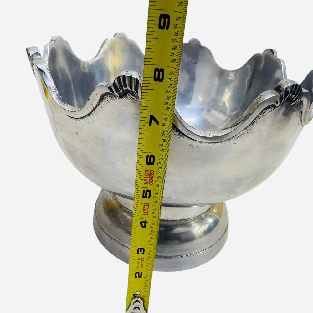 Vintage Scalloped Pedestal Bowl Silver Tone Metal Centerpiece Made in India Good